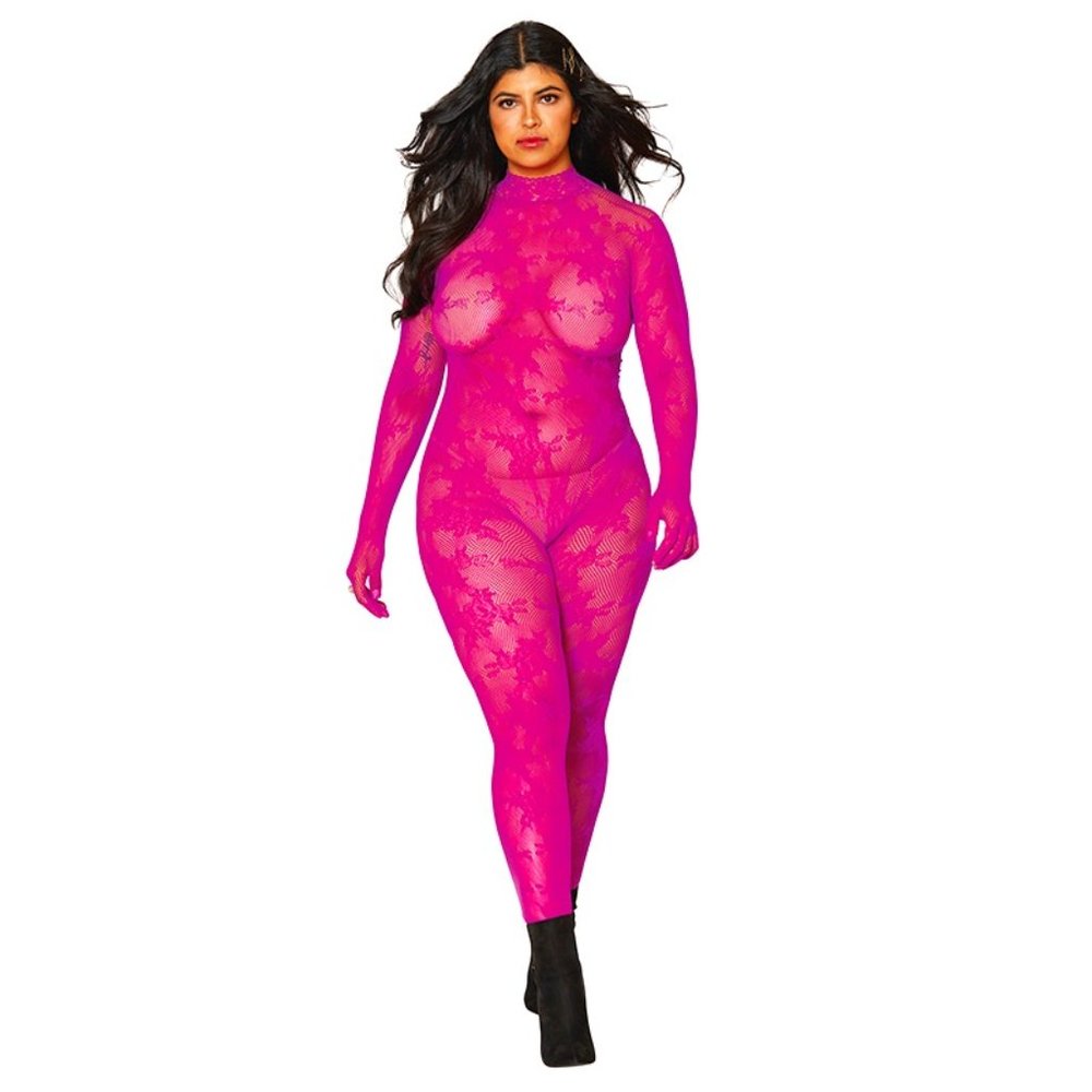 Seamless floral knitted fishnet catsuit bodystocking